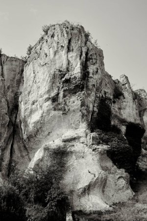 Vista en blanco y negro del acantilado de Saussois en Merry-Sur-Yonne, Francia