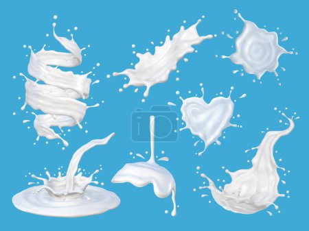 Ilustración de Set de salpicaduras de leche blanca y gotas sobre fondo azul vecto - Imagen libre de derechos