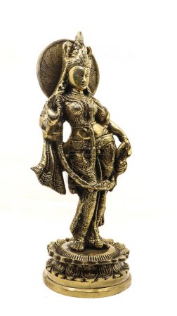 Photo for An indian bronze sculpture of indian queen radha with detailed decoration, isolated in a white background - Royalty Free Image