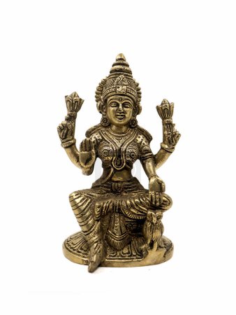 detailed bronze sculpture from ancient india of hindu goddess lakshmi with four hands sitting and blessing isolated