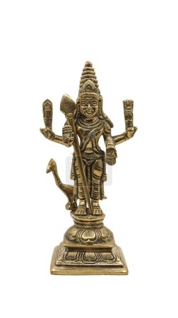 Statue des hinduistischen Kriegsgottes Subramanya, Sohn von Lord Shiva mit seinem Tier, ein Pfau isoliert auf weißem Hintergrund