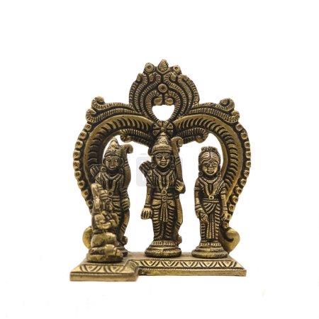 brass handcrafted statue of ram darbar with lord ram lakshman and sita devi along with hanuman isolated in a white background