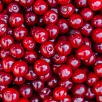 The texture of many cherries. Natural background of harvested ripe red sour cherry berries.