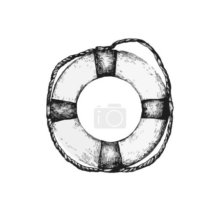Téléchargez les illustrations : Belle illustration de bouée de sauvetage dessinée à la main, design de la mer - en licence libre de droit