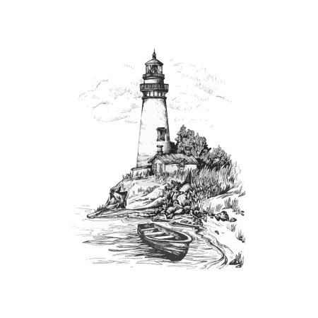 Illustration for Beautiful handdrawn lighthouse illustration, lighthouse drawing design - Royalty Free Image