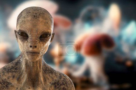 Portrait of a humanoid alien on a background with fantastic mushrooms, 3D illustration. Hallucinogenic mushrooms concept. Magic mushrooms