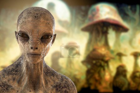 Photo for Portrait of a humanoid alien on a background with fantastic mushrooms, 3D illustration. Hallucinogenic mushrooms concept. Magic mushrooms - Royalty Free Image