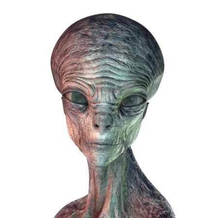 Téléchargez les photos : Portrait d'un extraterrestre humanoïde regardant un appareil photo avec une texture de peau très détaillée et réaliste, illustration 3D - en image libre de droit