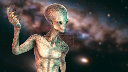 Téléchargez les photos : Humanoïde extraterrestre avec photo réaliste texture de peau très détaillée sur fond d'espace, illustration 3D - en image libre de droit