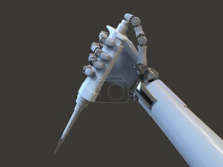 Foto de Una mano robot humanoide que sostiene la pipeta automática, ilustración 3D conceptual. Inteligencia artificial, automatización de la ciencia, investigación y diagnóstico clínico - Imagen libre de derechos