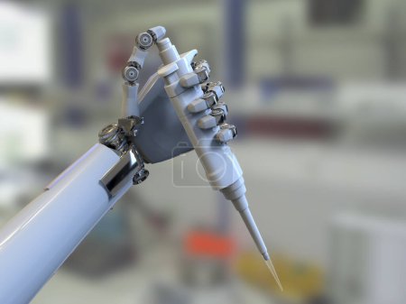 Téléchargez les photos : Un robot humanoïde tenant une pipette automatique, illustration 3D conceptuelle. Intelligence artificielle, automatisation de la science, recherche et diagnostic clinique concept - en image libre de droit