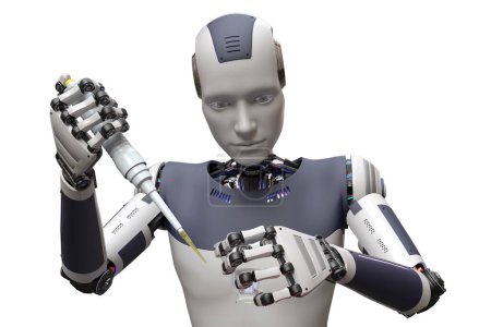 Téléchargez les photos : Un robot humanoïde travaillant en laboratoire avec pipette et tube, illustration 3D conceptuelle. Intelligence artificielle, automatisation de la science, recherche et diagnostic clinique concept - en image libre de droit