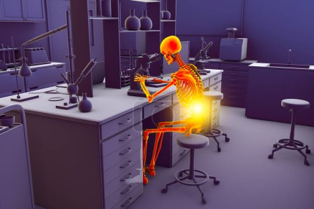Téléchargez les photos : "Work-related skeletal disorders in laboratory workers, conceptual 3D illustration". Douleurs dorsales chez le travailleur de laboratoire - en image libre de droit