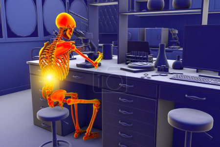 Téléchargez les photos : "Work-related skeletal disorders in laboratory workers, conceptual 3D illustration". Douleurs dorsales chez le travailleur de laboratoire - en image libre de droit