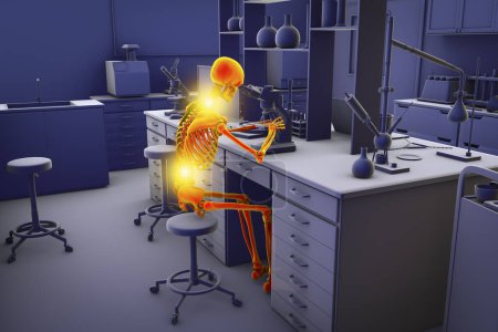 Téléchargez les photos : "Work-related skeletal disorders in laboratory workers, conceptual 3D illustration". Douleurs dorsales et cervicales chez le travailleur de laboratoire - en image libre de droit