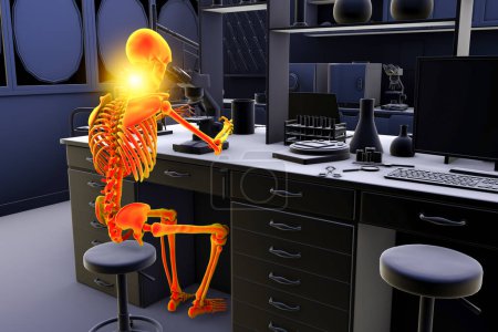 Téléchargez les photos : "Work-related skeletal disorders in laboratory workers, conceptual 3D illustration". Douleur au cou chez le travailleur de laboratoire - en image libre de droit
