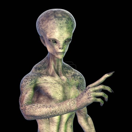 Photo for Humanoid alien with photo realistic highly detailed skin texture isolated on black background, 3D illustration - Royalty Free Image