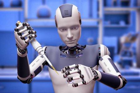 Foto de Un robot humanoide que trabaja en laboratorio con pipeta y tubo, ilustración conceptual 3D. Inteligencia artificial, automatización de la ciencia, investigación y diagnóstico clínico - Imagen libre de derechos