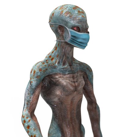 Foto de Alienígena humanoide en máscara facial, ilustración conceptual 3D. Epidemias de origen extraterrestre concepto. Enfermedades del espacio. Contaminación microbiana espacial - Imagen libre de derechos