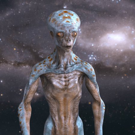 Téléchargez les photos : Humanoïde extraterrestre regardant à côté de la caméra avec photo réaliste texture de peau très détaillée sur fond d'espace, illustration 3D - en image libre de droit