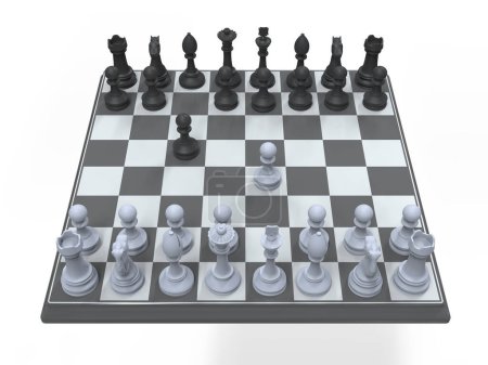 Schachspiel, 3D-Illustration. Sizilianische Verteidigungsschach-Eröffnung