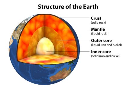 Structure interne de la Terre, illustration 3D découpée. À partir du centre vers l'extérieur, les quatre couches illustrées dans l'image sont : noyau interne, noyau externe, manteau et croûte.