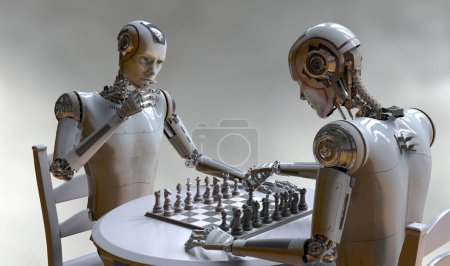 Foto de Robot humanoide jugando ajedrez, ilustración conceptual 3D. Apertura siciliana de ajedrez de defensa. Inteligencia artificial, juego de ajedrez futurista. Concepto de entrenamiento de computadora de ajedrez - Imagen libre de derechos