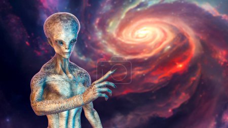 Photo for Humanoid alien looking aside from camera with photo realistic highly detailed skin texture on space background, 3D illustration - Royalty Free Image