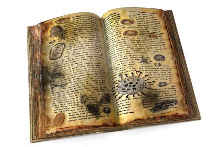Schimmel in alten Büchern, konzeptionelle 3D-Illustration. Offenes antikes Buch mit schwarzem Schimmel auf den Seiten