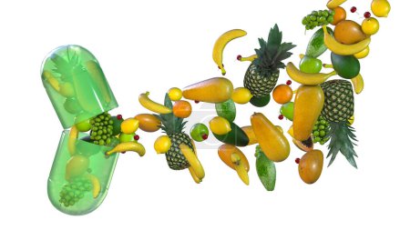Pille mit Früchten, konzeptionelle 3D-Illustration. Biologisch aktive Zusatzstoffe, Vitamine, gesundes Ernährungskonzept