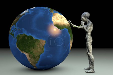 Téléchargez les photos : Humanoïde extraterrestre avec stéthoscope médical à l'écoute de la planète Terre, illustration 3D conceptuelle. Santé de la Terre et concept écologique - en image libre de droit