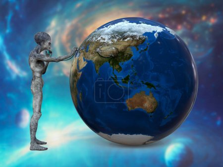 Foto de Alienígena humanoide con estetoscopio médico escuchando el planeta Tierra, ilustración 3D conceptual. Concepto de salud y ecología de la Tierra - Imagen libre de derechos