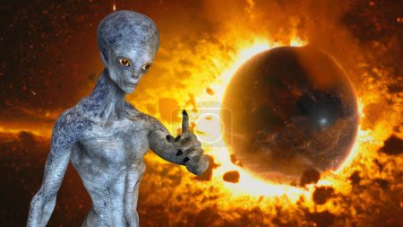 Humanoider Alien auf apokalyptischem Hintergrund mit Asteroid, der sich der Erde nähert, 3D-Illustration