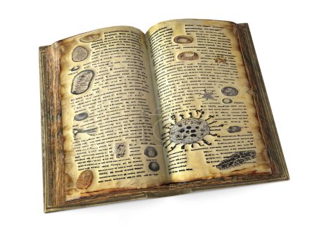 Téléchargez les photos : Ouvert livre antique avec dessins abstraits de microbes et texte sur le langage abstrait, illustration 3D - en image libre de droit
