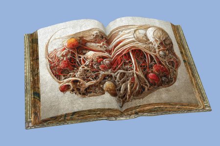 Téléchargez les photos : Ouvert livre antique avec des dessins médicaux d'anatomie abstraite, illustration 3D - en image libre de droit
