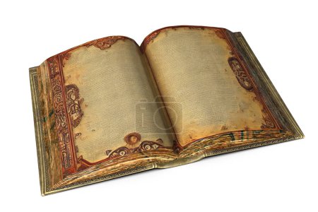 Photo for Open antique book with text on abstract language and vintage page ornaments, 3D illustration - Royalty Free Image
