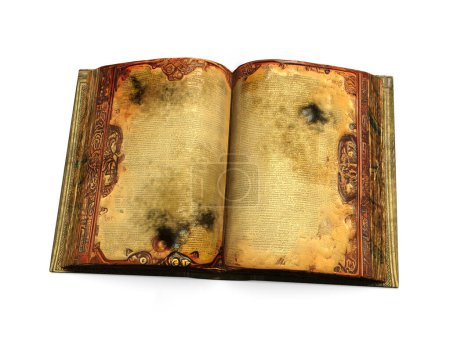 Mold in old books, conceptual 3D illustration. Open antique book with text on abstract language, vintage page ornaments and black mold on its pages