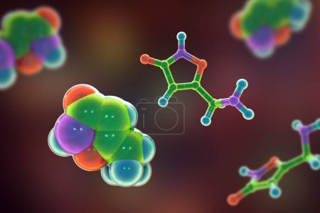 Photo for Muscimol molecule, 3D illustration. The main psychoactive constituent of Amanita muscaria (Fly agaric) mushroom, has hallucinogenic, sedative-hypnotic and depressant activity - Royalty Free Image