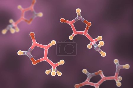 Photo for Muscimol molecule, 3D illustration. The main psychoactive constituent of Amanita muscaria (Fly agaric) mushroom, has hallucinogenic, sedative-hypnotic and depressant activity - Royalty Free Image