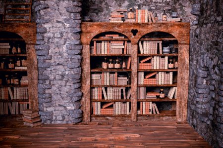 Foto de Libros antiguos en una estantería en una casa antigua, ilustración 3D. Biblioteca antigua. Escuela medieval - Imagen libre de derechos