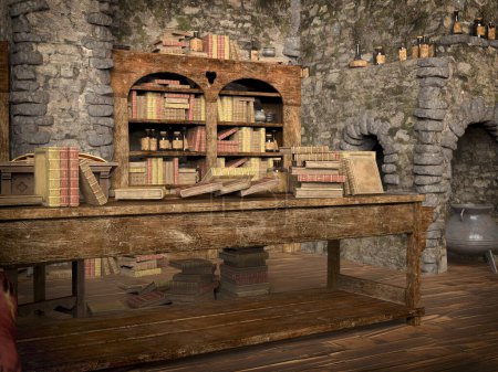 Antique books on a table and in a bookcase in an old house, 3D illustration. Antique library. Medieval school