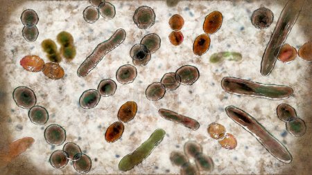 Téléchargez les photos : Bacteria of different shapes, cocci and rod-shaped bacilli, 3D illustration in old book vintage style - en image libre de droit