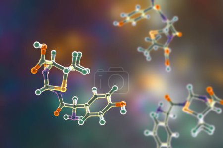 Molekularmodell von Amoxicillin, einem Antibiotikum zur Behandlung einer Reihe bakterieller Infektionen, darunter Lungenentzündung, Zahnabszesse und Harnwegsinfektionen, 3D-Illustration