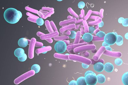 Téléchargez les photos : Rod-shaped and spherical bacteria on colorful background, 3D illustration - en image libre de droit