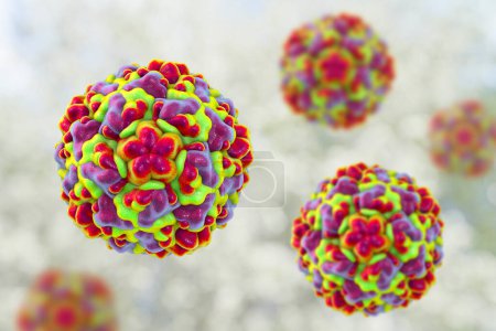 Foto de Modelo molecular de rinovirus, el virus que causa el resfriado común y la rinitis, ilustración 3D - Imagen libre de derechos