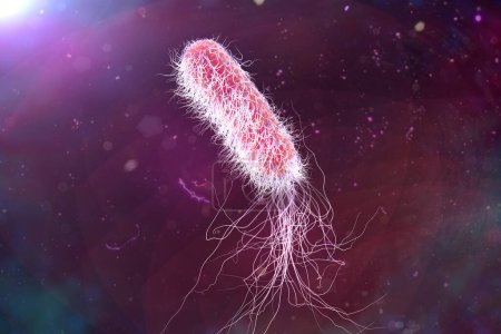 Bakterium Pseudomonas aeruginosa auf buntem Hintergrund, antibiotikaresistentes nosokomiales Bakterium, 3D-Illustration. Abbildung zeigt die polare Lage von Flagellen und das Vorhandensein von Pili auf der bakteriellen Oberfläche