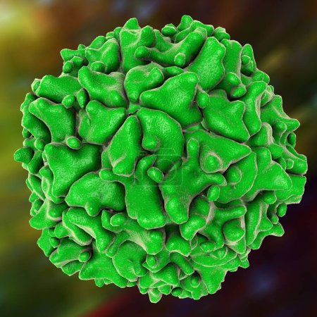 Téléchargez les photos : Poliovirus sur fond coloré. Virus transmis par l'eau potable et causant la polio. Illustration 3D - en image libre de droit
