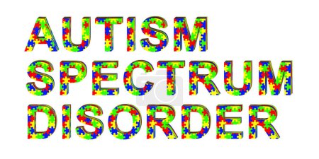 Foto de Una ilustración en 3D del texto Trastorno del espectro autista hecho enteramente de patrones de rompecabezas coloridos, que representan la diversidad y complejidad del espectro, aislado sobre fondo blanco - Imagen libre de derechos