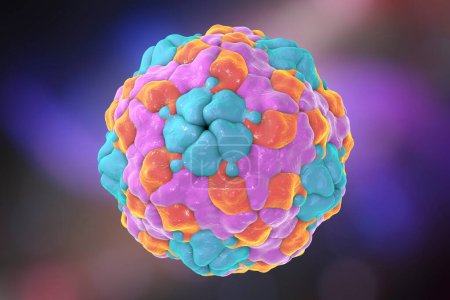 Humanes Parechovirus auf buntem Hintergrund, 3D-Illustration. Parechoviren verursachen Atemwegs- und Magen-Darm-Infektionen, werden mit Hirnschäden und Entwicklungsstörungen bei Neugeborenen in Verbindung gebracht