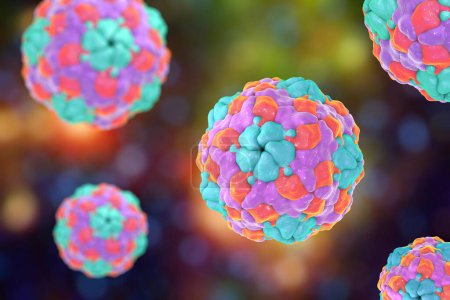 Photo for Human Parechovirus on colorful background, 3D illustration. Parechoviruses cause respiratory, gastrointestinal infections, are associated with brain damage and developmental disorders in neonates - Royalty Free Image